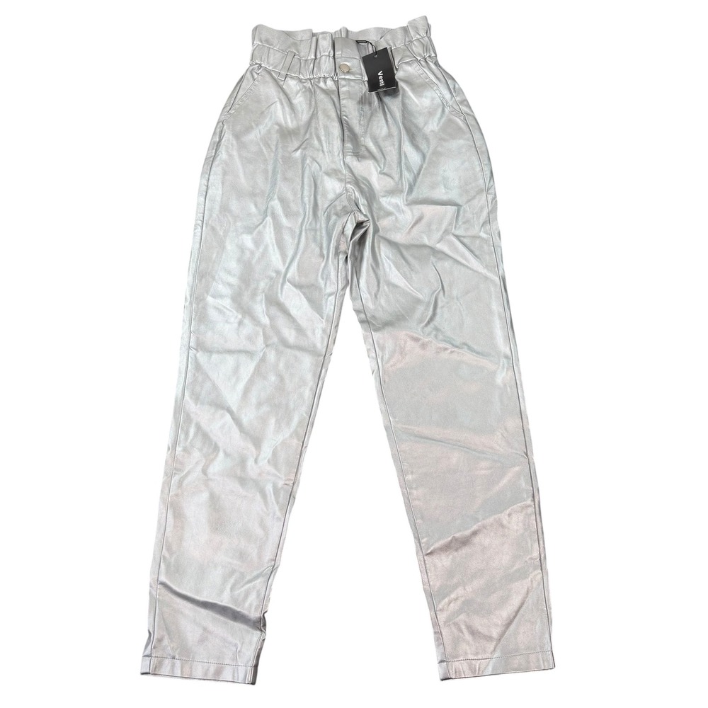 Venti6 Womens Paperbag Waist Silver Metallic Faux Leather Pants Size L